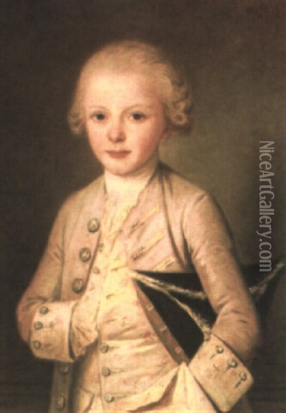 Portrait Of A Young Boy, Half-length In Yellow, Holding A Hat Under His Arm Oil Painting - Francois Hubert Drouais