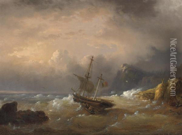 A Sailing Vessel Off A Rocky Coast Oil Painting - Egidius Linnig