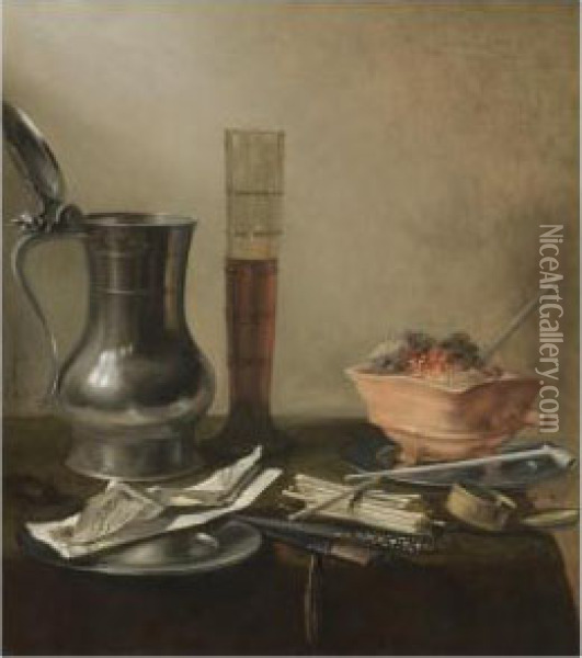 A Still Life Of A Pewter Flagon,
 A Tall Glass, A Chafing-dish And Smokers' Requisites, All On A Draped 
Table Oil Painting - Pieter Claesz.