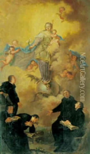 Madonna Med Barnet Staende Pa Maneseglet, I Forgrunden Praester Oil Painting - Ignaz Joseph Raab
