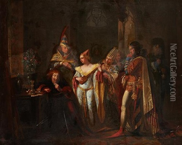 Assemblee De Troubadours Autour D'un Roi Fou Oil Painting - Jean Baptiste Vermay
