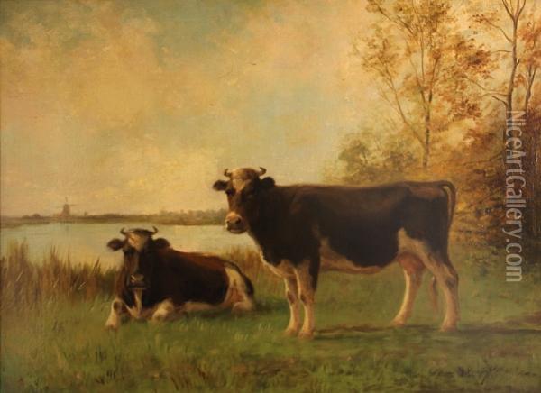 Two Cows By The Water's Edge Oil Painting - Anton Mauve
