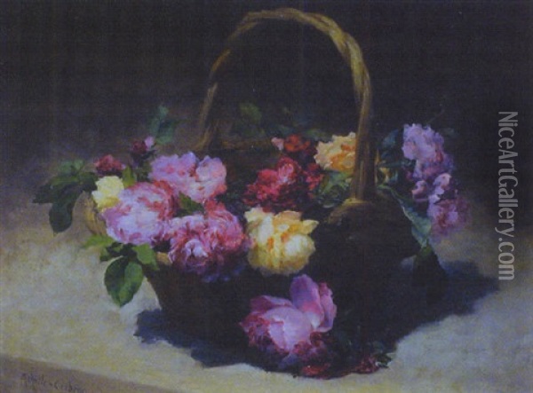 Panier De Roses Oil Painting - Achille Theodore Cesbron