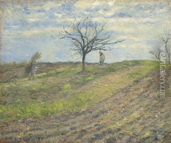 Terre Labouree En Hiver, Avec Un Homme Portant Un Fagot Oil Painting - Camille Pissarro
