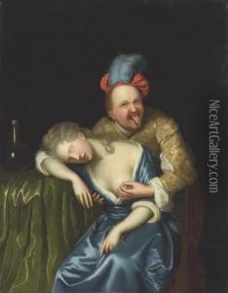 A Libertine And A Sleeping Lady Oil Painting - Johannes, Jan Tilius