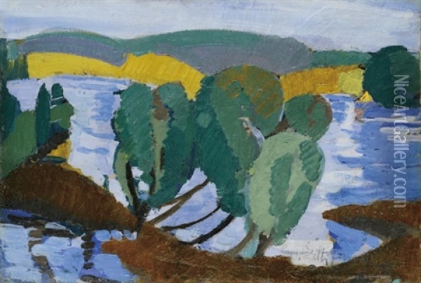 Landscape On The Riverside Oil Painting - Jozsef Nemes-Lamperth