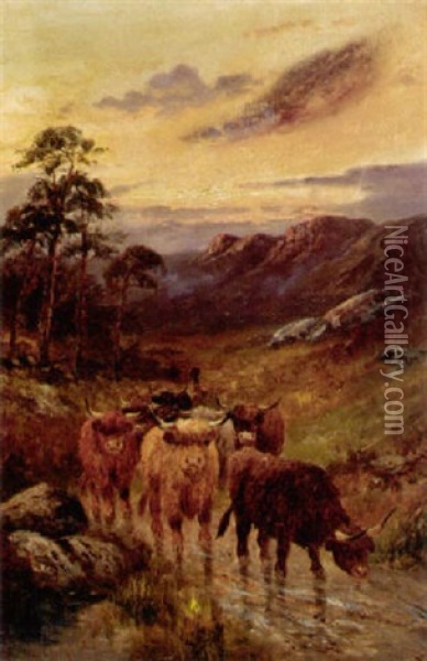 Highland Cattle On A Drove Road Oil Painting - William Langley