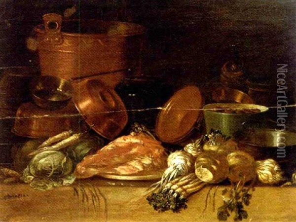 Copper Pots And Pans, Onions, Asparagus, Cabbage And A Pig's Head On A Table (+ Copper Pots And Pans, Parsnips, Turnips, Cabbage And Meat On A Table; Pair) Oil Painting - Pieter van Steenwyck