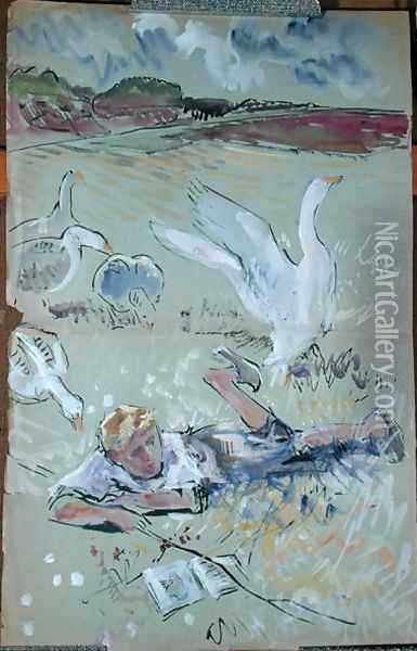 Nils guarding the geese, illustration from The Wonderful Adventures of Nils by Selma Lagerlof 1858-1940 c.1920-30 Oil Painting - Roger Reboussin