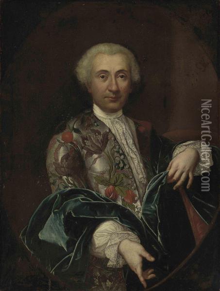 Amalfi Portrait Of A Gentleman, Half-length, In A Grey Silk Jacket, Richlyembroidered With Flowers, Lace Collar And Cuffs, And A Blue Wrap Oil Painting - Carlo Galli Bibiena