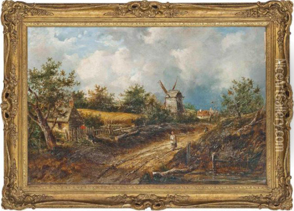 Rustics On A Track Before A Windmill Oil Painting - Joseph Thors