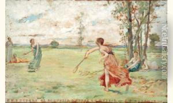 Femmes Jouant Avec Des Raquettes. Oil Painting - Joseph-Felix Bouchor
