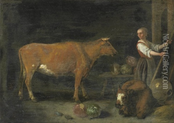 A Barn Interior With A Milkmaid And Cattle Oil Painting - Abraham Van Calraet