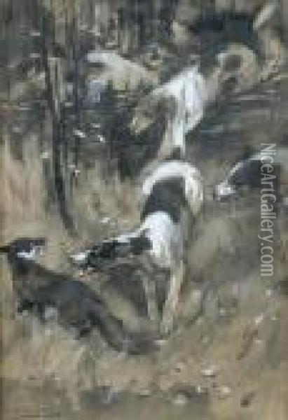 Hounds Crossing A Fence Oil Painting - George Denholm Armour