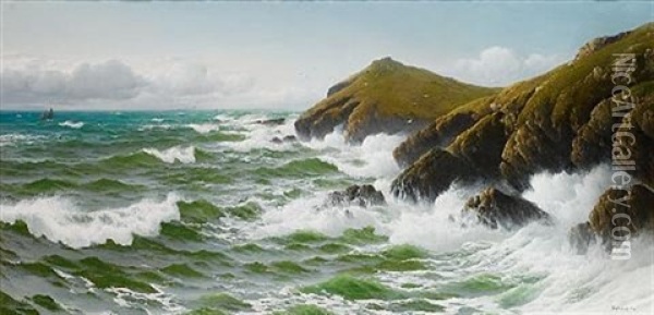 A Gale Rising, West Coast Of Cornwall Oil Painting - David James