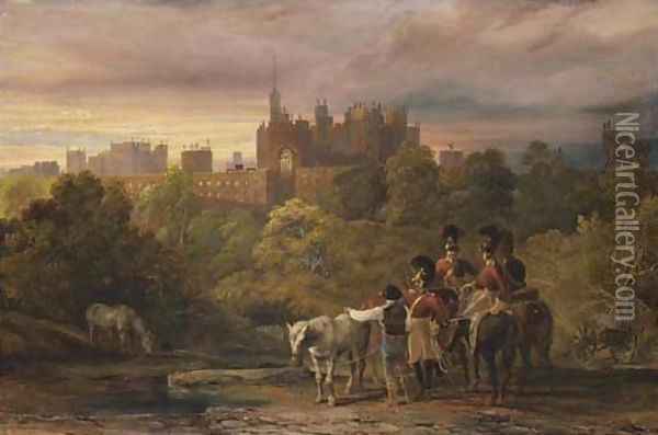 View Of Alnwick Castle From The South, With Soldiers And Horses In The Foreground Oil Painting - English School