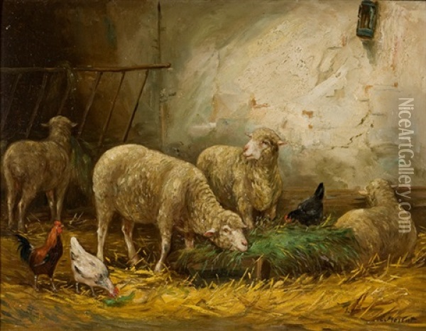 Stall Mit Schafen Und Huhnern Oil Painting - Emile Justin Merlot