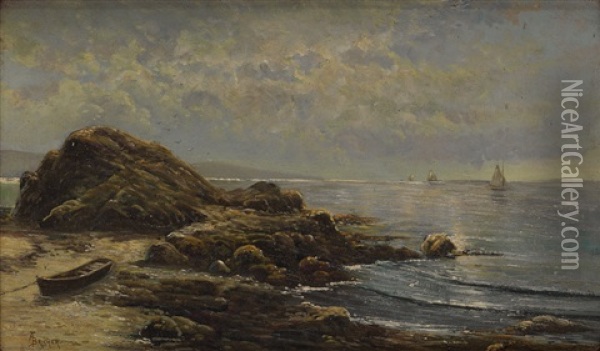 Rocky Shore With Sailboats In The Distance Oil Painting - Alfred Thompson Bricher