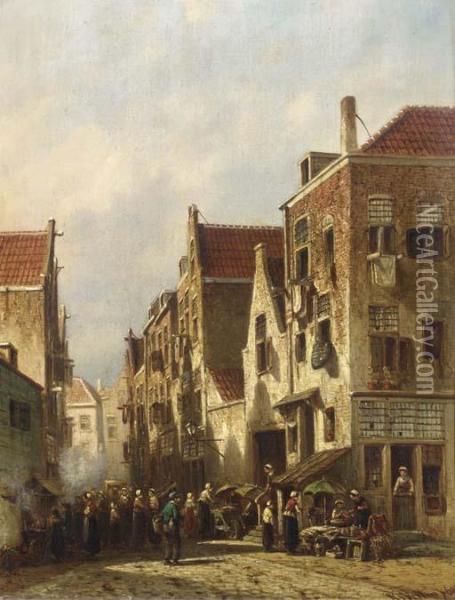A Busy Market Street Oil Painting - Pieter Gerard Vertin