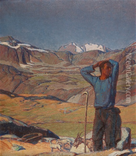 Juni - Morgen(ziegenhirte In Engadiner Landschaft) Oil Painting - Erich Erler-Samedan