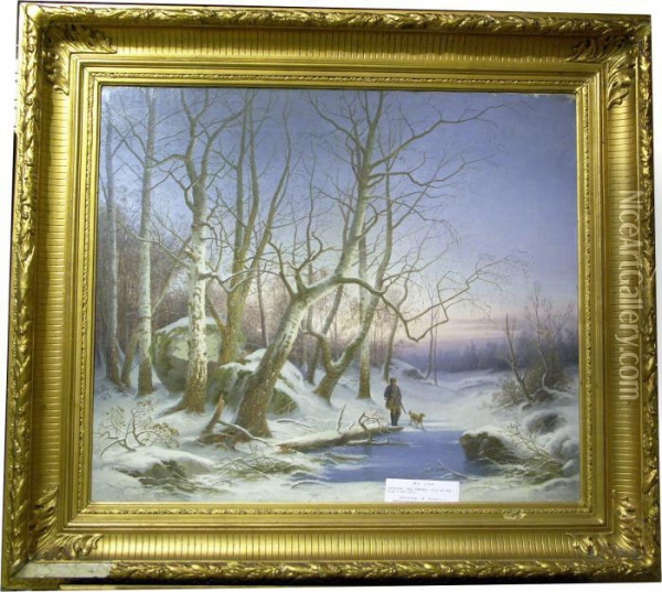Vinterlandskap Med Jagare Och Hund. Oil Painting - Carl Abraham Rothsten