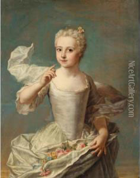 Portrait Of Jacquette Colombe De
 Boquart, Three-quarter Length, Wearing A White Silk Dress Holding A 
Bunch Of Flowers Oil Painting - Marianne Loir