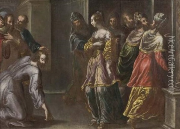Le Christ Et La Femme Adultere Oil Painting - Georges Lallemant