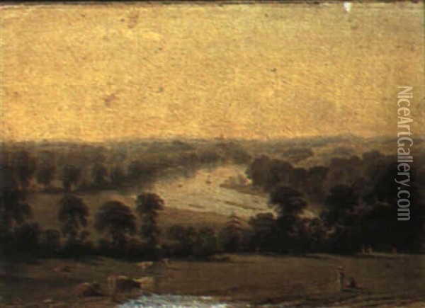 View From Richmond Hill With Cattle And Figures In The Foreground Oil Painting - William Westall