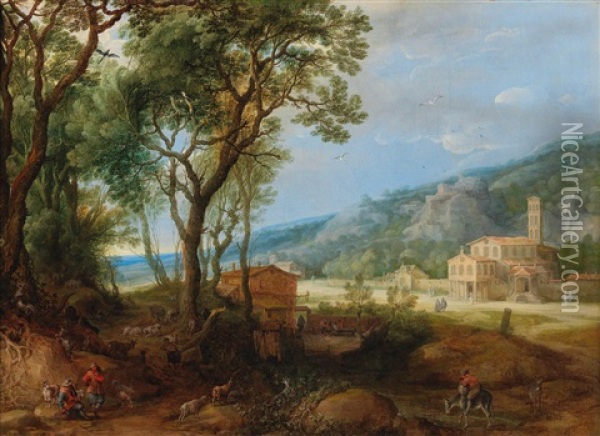 A Landscape With Shepherds And Their Flock And An Abbey In The Background Oil Painting - Adriaen Van Stalbemt