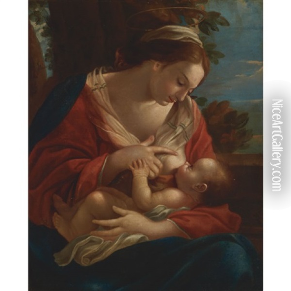 Madonna And Child In A Landscape Oil Painting - Michel Dorigny