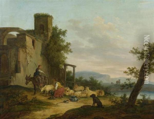 Hirten Mit Schafen Vor Ruine. Oil Painting - Nicolaes Berchem