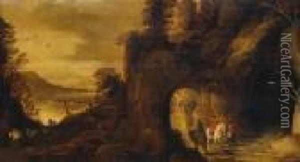 Paesaggio Con Cavalieri In Visita Alla Cascata Oil Painting - Joos De Momper