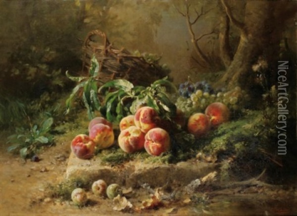 Peches Et Panier De Raisin Dans Un Sous-bois Oil Painting - Emile Gustave Couder