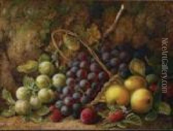 Still Life Of Grapes, Plums And Raspberries On A Mossy Bank Oil Painting - George Clare