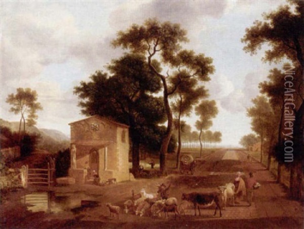 Roadside Landscape, With A Chapel And Farmers With Their Livestock Oil Painting - Jean-Louis Demarne