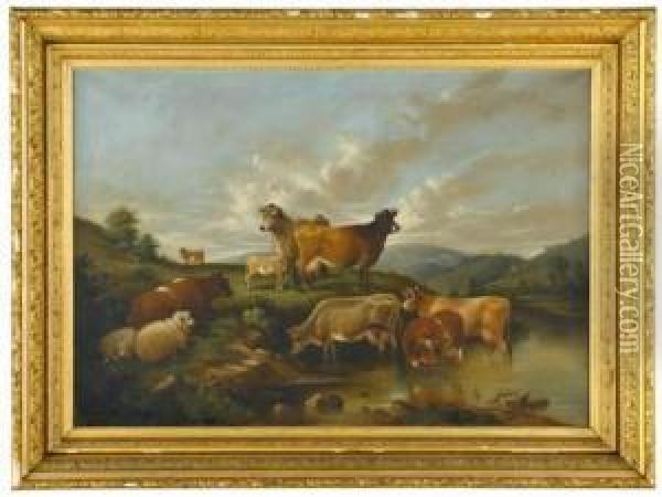 Cows At A Stream Oil Painting - Susan C. Waters