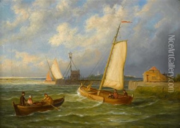 Sailing Boats And A Row Boat Off A Harbor (+ The Dutch Coast; Pair) Oil Painting - William Raymond Dommersen