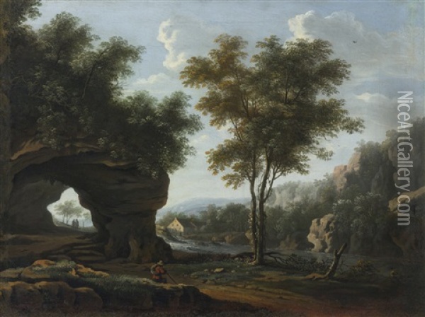 Rocky Landscape With Figures And Mill Oil Painting - Jan Hackaert