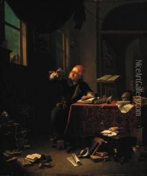 An Alchemist In His Study Oil Painting - Justus Juncker