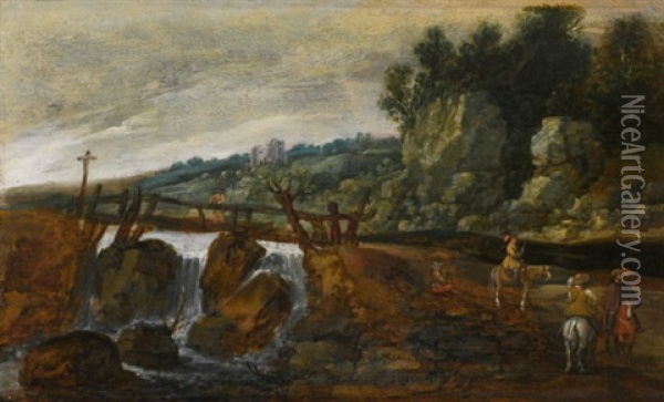 Rolling Landscape With Cavaliers Near A Bridge Over A Waterfall Oil Painting - Esaias van de Velde the Elder