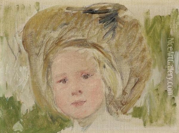 Sketch Of Head Of A Girl In A Hat With A Black Rosette Oil Painting - Mary Cassatt