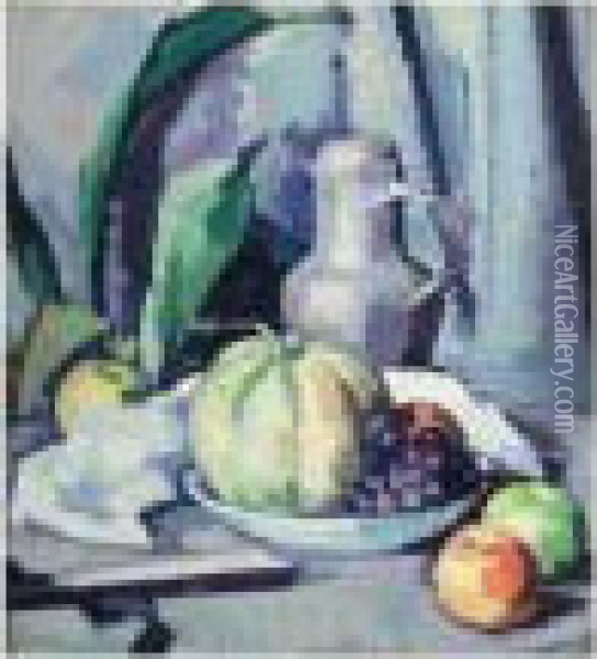 Still Life With Jug, Melon, Grapes And Apples Oil Painting - Samuel John Peploe