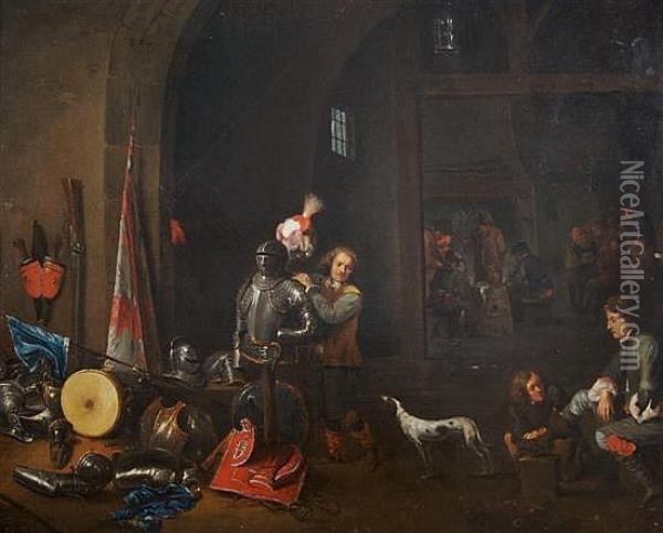 Lot 1 : Studio Of David Teniers 
The Younger, , The Interior Of A Guardroom With Militiament And Boors 
Playing Cards Oil Painting - David The Younger Teniers