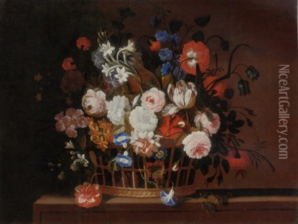 Roses, Tulips, Morning Glory, Carnations, Delphinium, Primrose And Other Flowers In A Basket On A Stone Ledge Oil Painting - Pieter Hardime