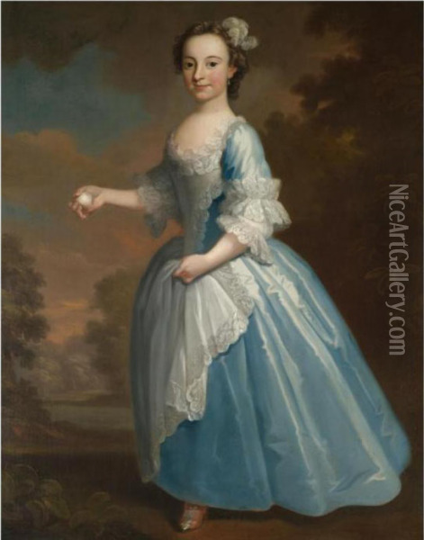 Portrait Of Elizabeth Hatch, 
Full Length, Wearing A Blue Dress And Holding A Peach In Her Right Hand Oil Painting - George Knapton