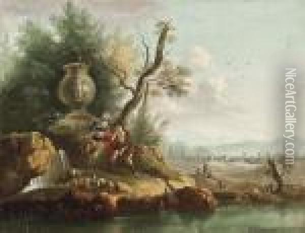 An Extensive River Landscape With A Shepherd And Shepherdess Oil Painting - Jean-Baptiste Pillement