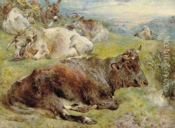 Cattle, Donkey And Sheep In A Pastoral Landscape Oil Painting - William Huggins