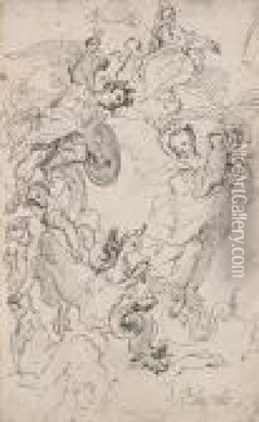 Allegorical Ceiling Decoration And Four Frolicking Putti: A Double Sided Work Oil Painting - Gaspare Diziani