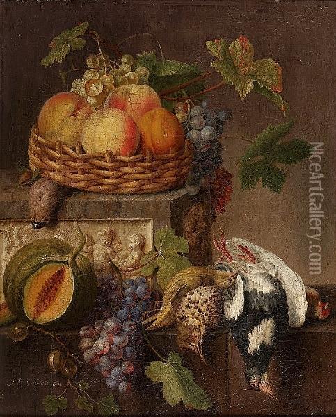 A Basket Of Peaches And Grapes 
On A Relief Carved Marble Ledge, With A Melon, Grapes, Dead Songbirds 
And Gooseberries On A Ledge Below; And Roses, A Tulip, Morning Glory And
 Other Flowers In A Bowl On A Relief Carved Marble Ledge, With Grapes, 
Peo Oil Painting - Michel Joseph Speeckaert