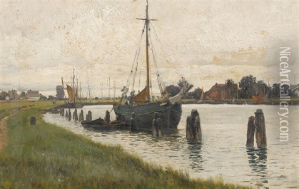 Flussufer Mit Segelschiff In Norddeutschland Oil Painting - Walter Moras